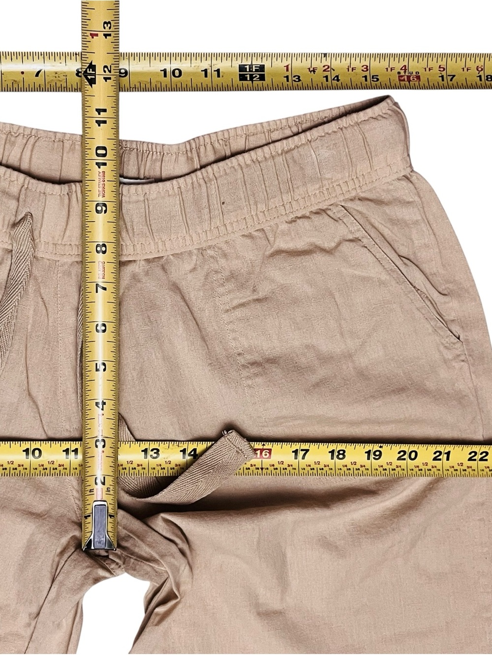 Lagaci  Crop Pants Linen Blend Tan Beach Drawstring Elastic Pull On Pockets Sz L - Picture 8 of 12